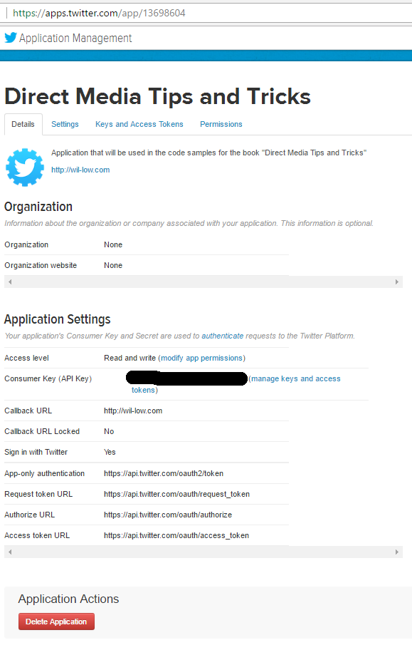Detail page for Twitter application