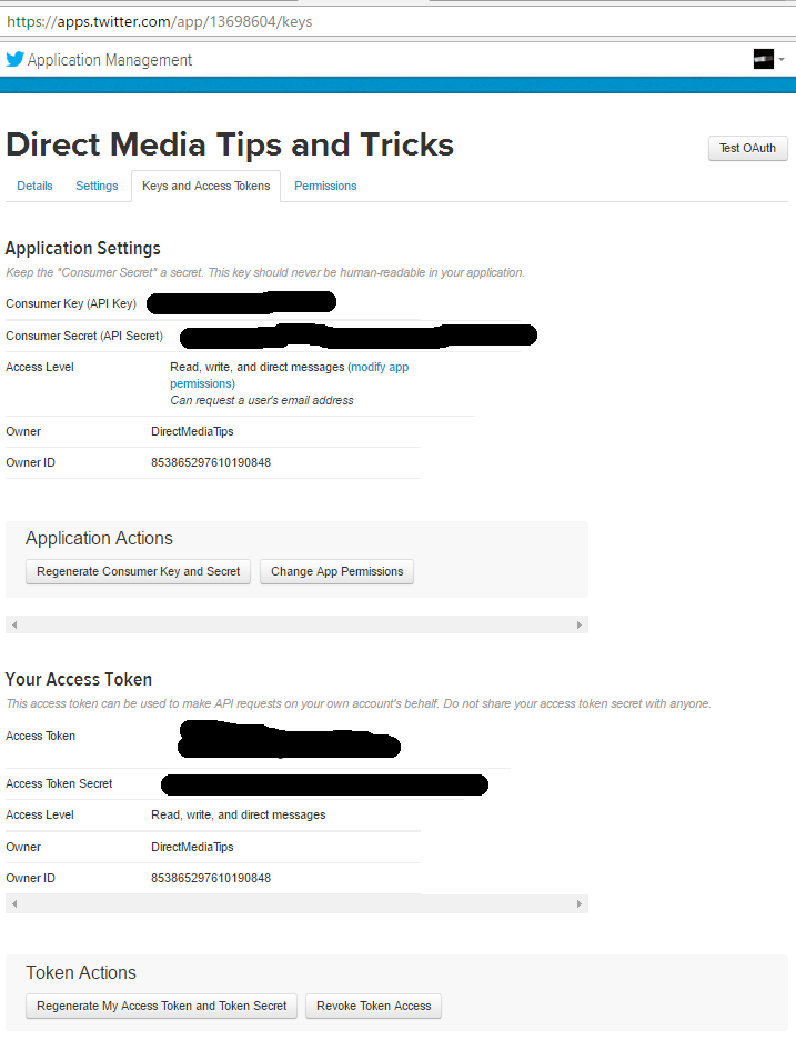 Twitter application Access Token page