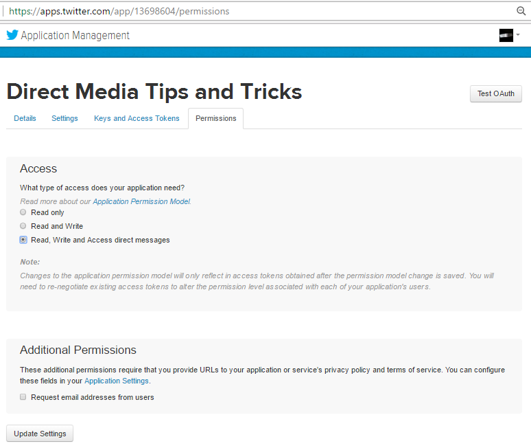 Permissions of a Twitter application