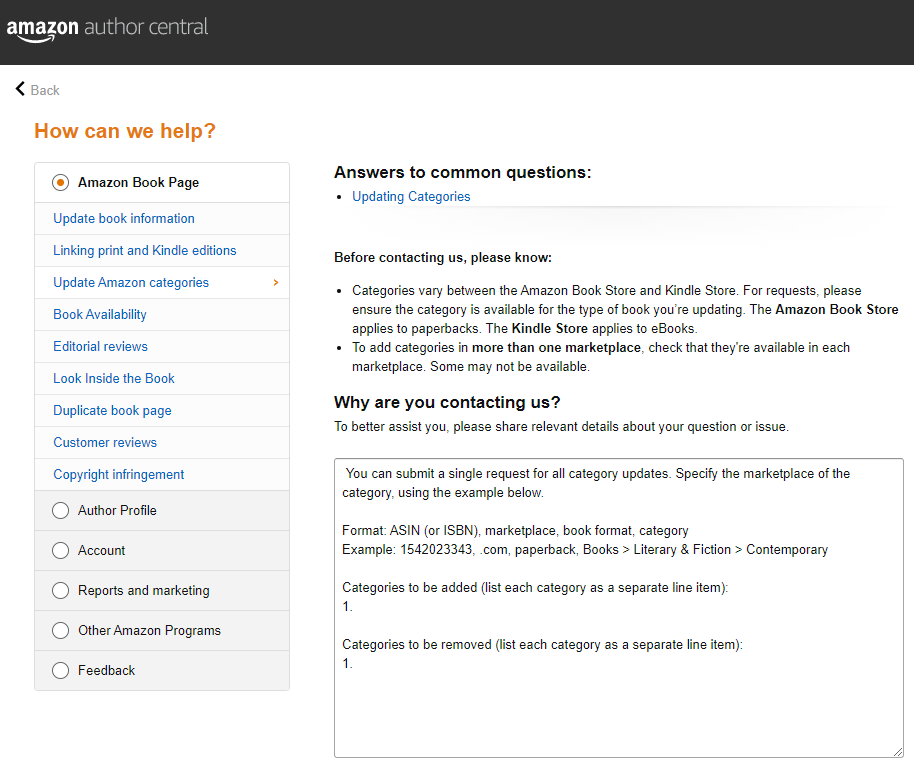 Amazon author central add book categories